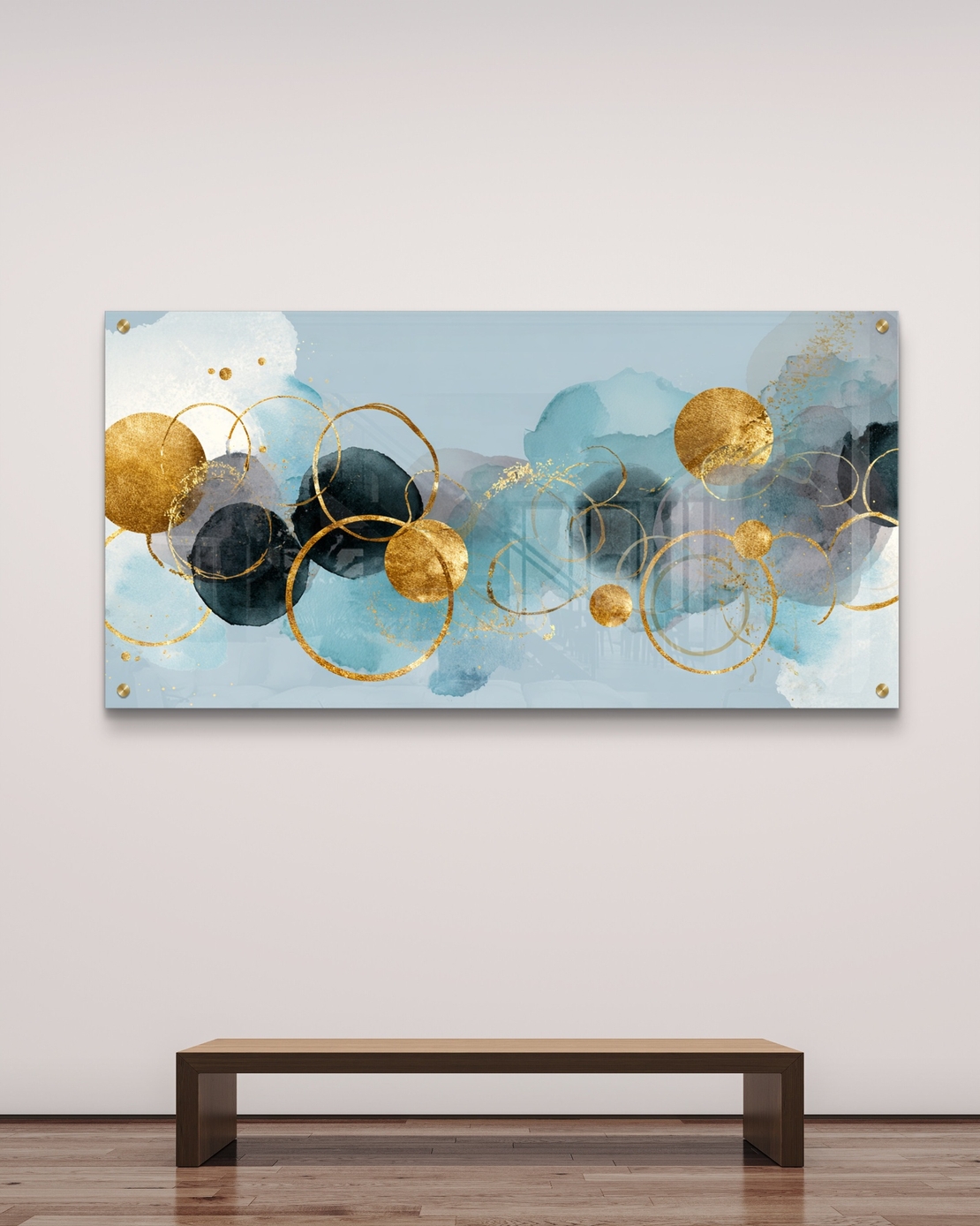 תמונת זכוכית לרוחב עם כתמי כחול ומעגלי זהב במראה אבסטרקטי מודרני, הדפסה חלקה ללא תבליט