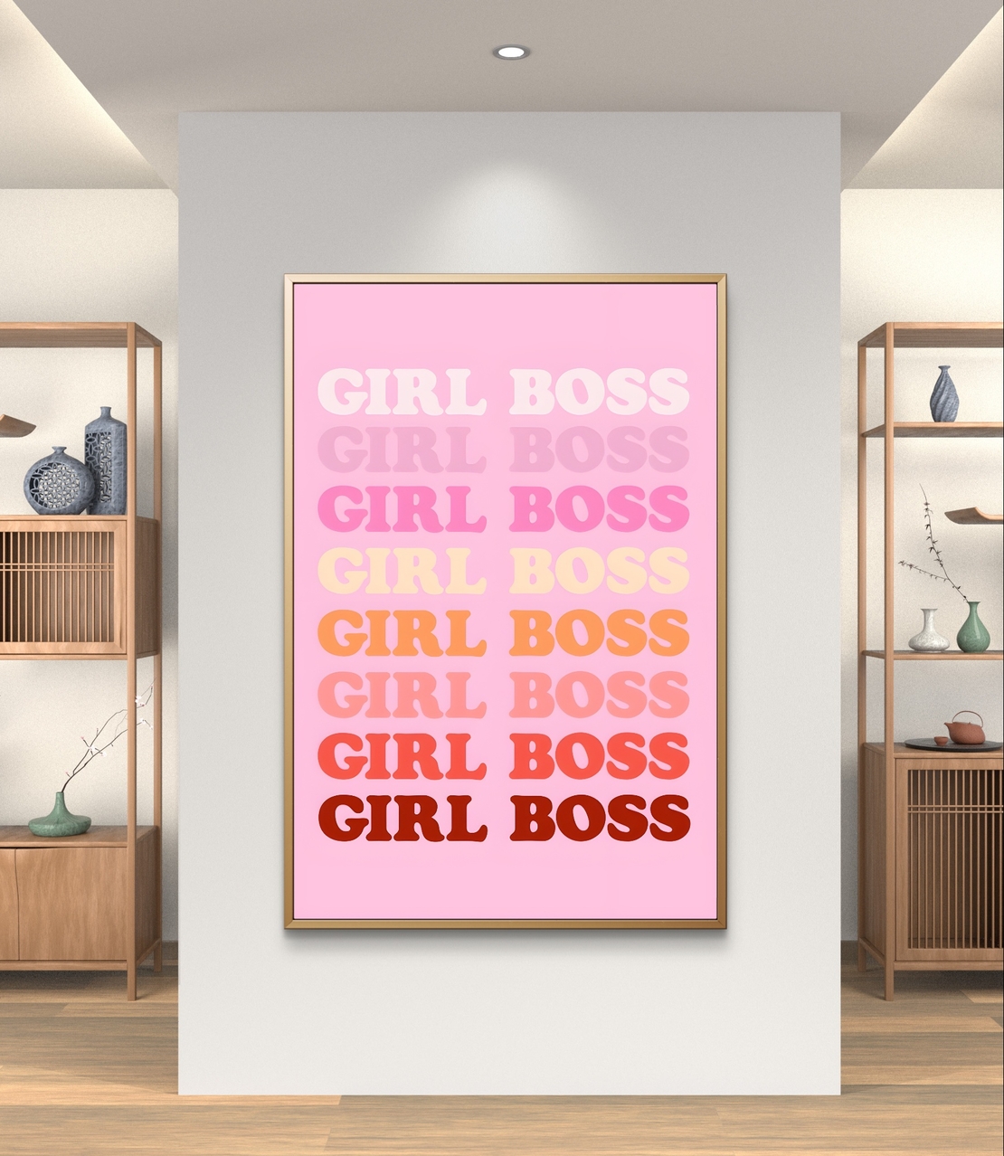 תמונה של הביטוי GIRL BOSS בצבעי ורוד, כתום ואדום בעיצוב טיפוגרפי רטרו, מתוך קולקציית NEXTGEN.