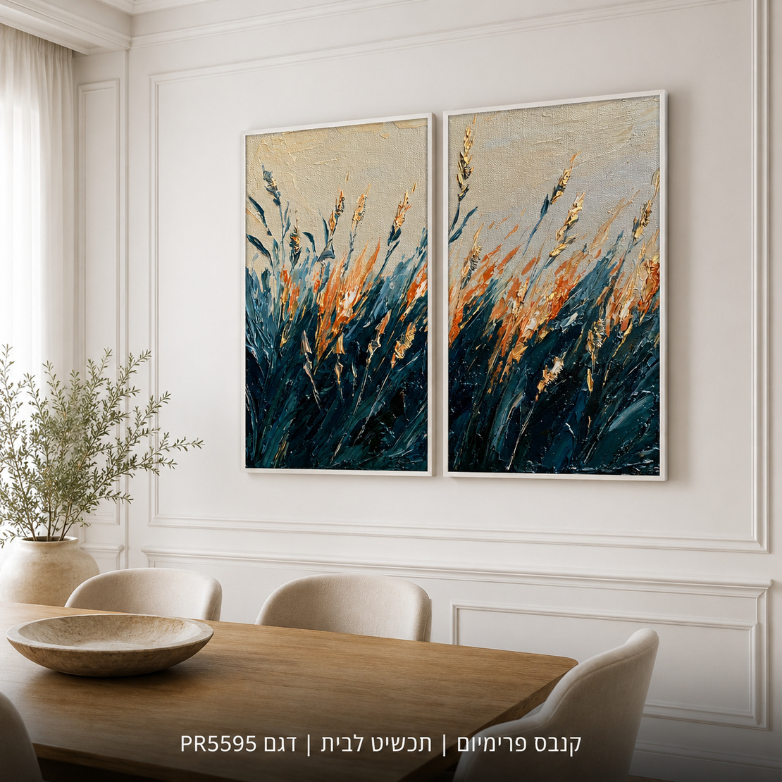 שיבולי זהב בלילה – זוג קנבס פרימיום לאורך כחול וכתום