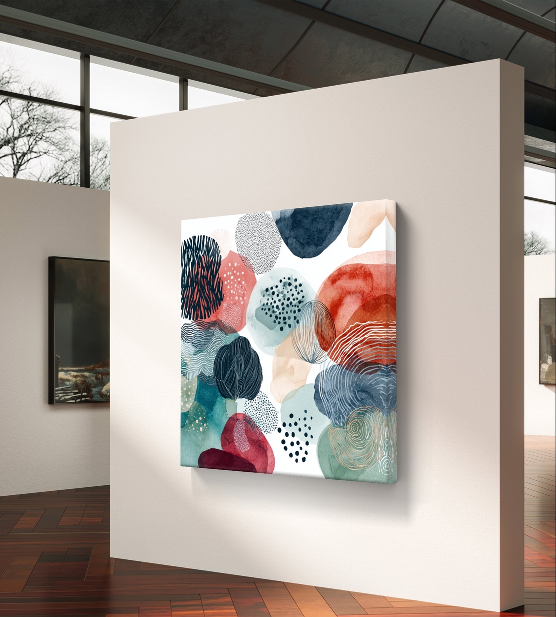 תמונת קיר אבסטרקטית בסגנון קולאז׳ אקוורל בגווני טורקיז וקורל לעיצוב מודרני