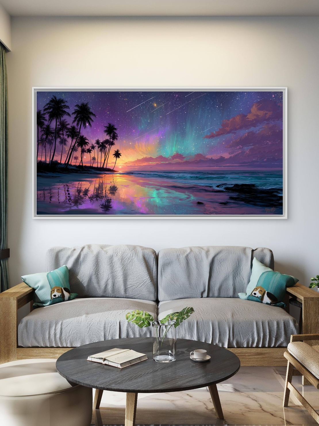 תמונת קנבס לרוחב של חוף טרופי בשקיעה עם אורות הצפון, דקלים כהים והשתקפויות צבעוניות על פני המים – NEXTGEN BY BAR