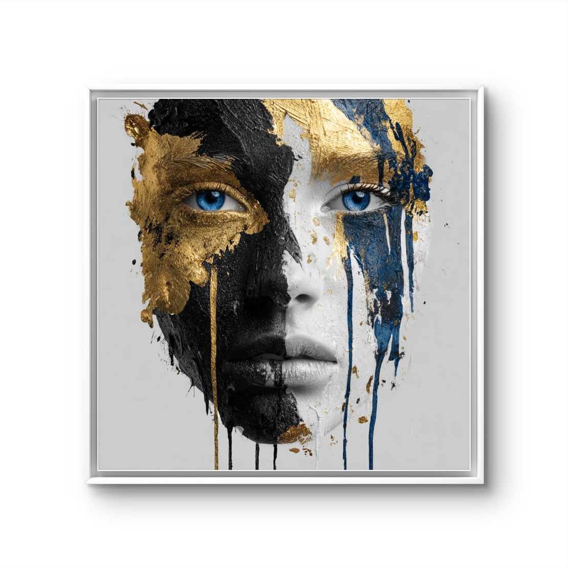תמונת קנבס מרובעת עם דיוקן נשי אבסטרקטי בשחור ולבן, נגיעות זהב וכחול, הדפסה חלקה ללא תבליט