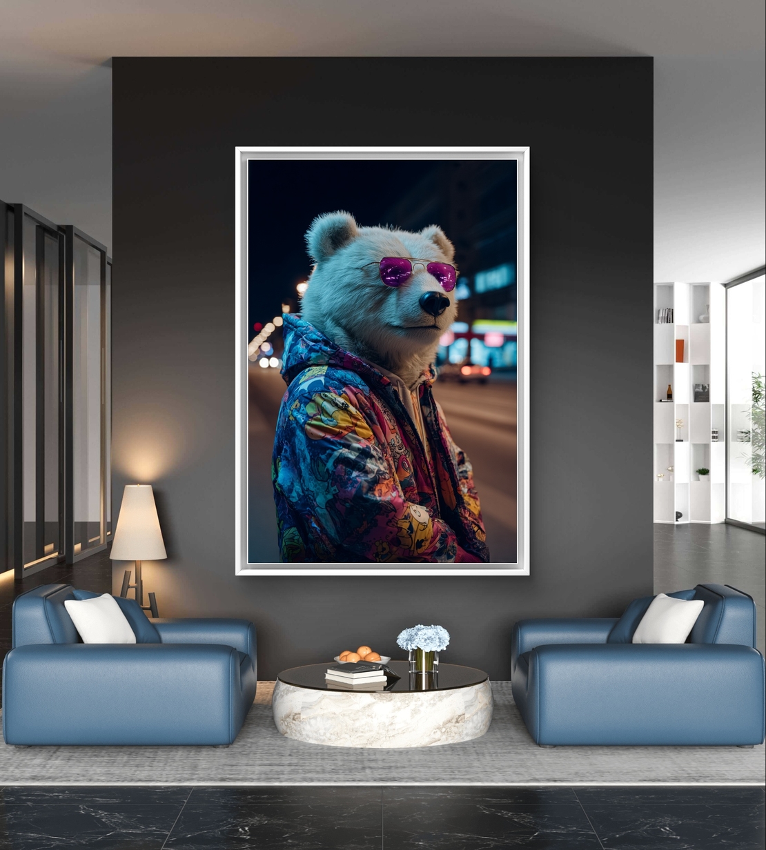 תמונת קנבס של דוב אורבני עם משקפי שמש סגולים וז’קט צבעוני על רקע עירוני בלילה