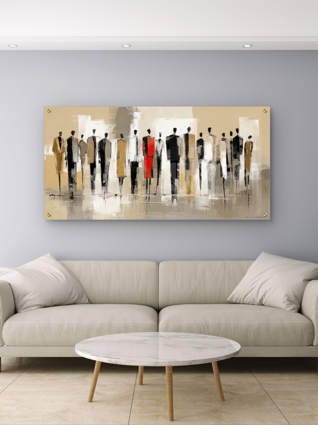 תמונת זכוכית לרוחב עם דמויות מופשטות בצבעי שחור, לבן ובז’ ונגיעה אדומה דרמטית, מתוך קולקציית תכשיט לבית.