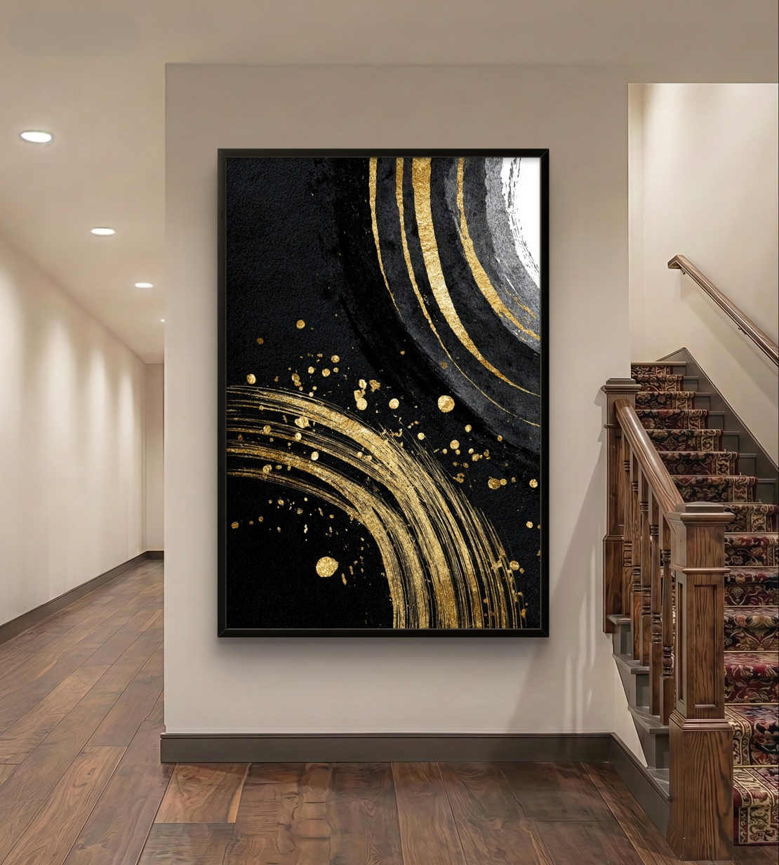 מעגלי זהב על שחור – תמונת קנבס אבסטרקט יוקרתית בשחור, לבן וזהב | DC4473