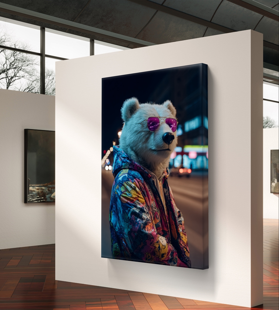 תמונת קנבס של דוב אורבני עם משקפי שמש סגולים וז’קט צבעוני על רקע עירוני בלילה