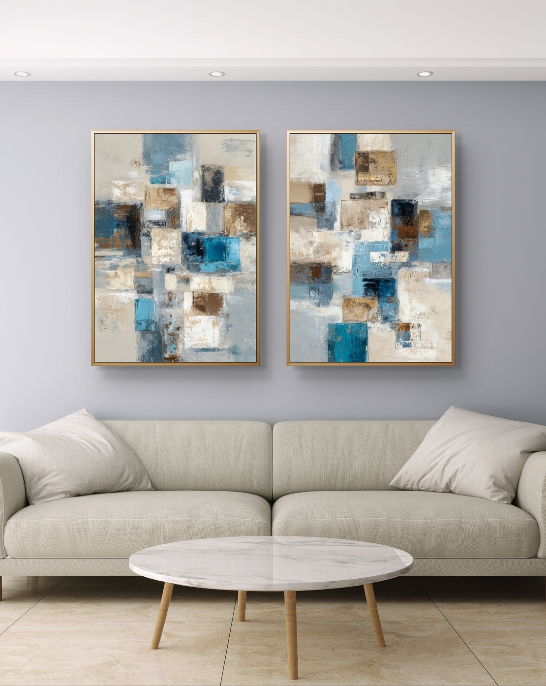 סט תמונות קנבס זוגיות בסגנון אבסטרקט גיאומטרי בגווני כחול, תכלת ובז׳ לעיצוב סלון מודרני