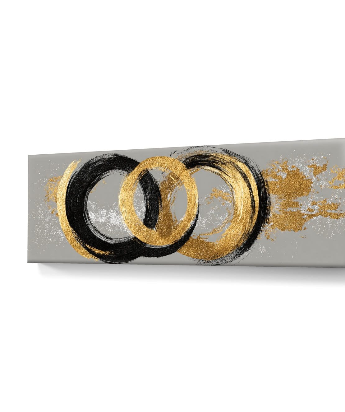 תמונת קנבס פנורמית אבסטרקטית עם מעגלים בגווני שחור וזהב על רקע אפור בעיצוב מודרני ויוקרתי