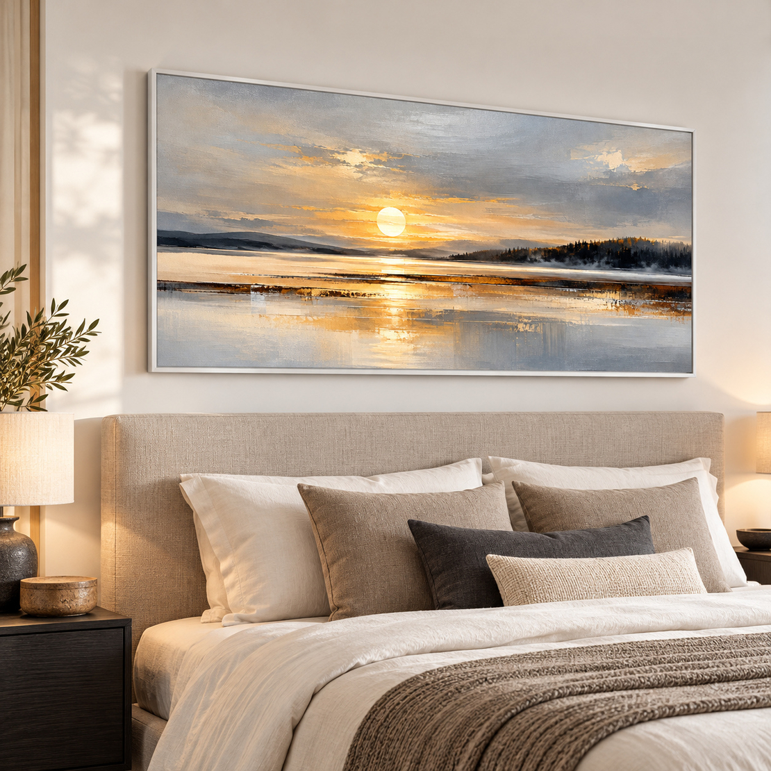 קנבס נוף אגם בשקיעה בגווני זהב וכחול | דגם RP7943