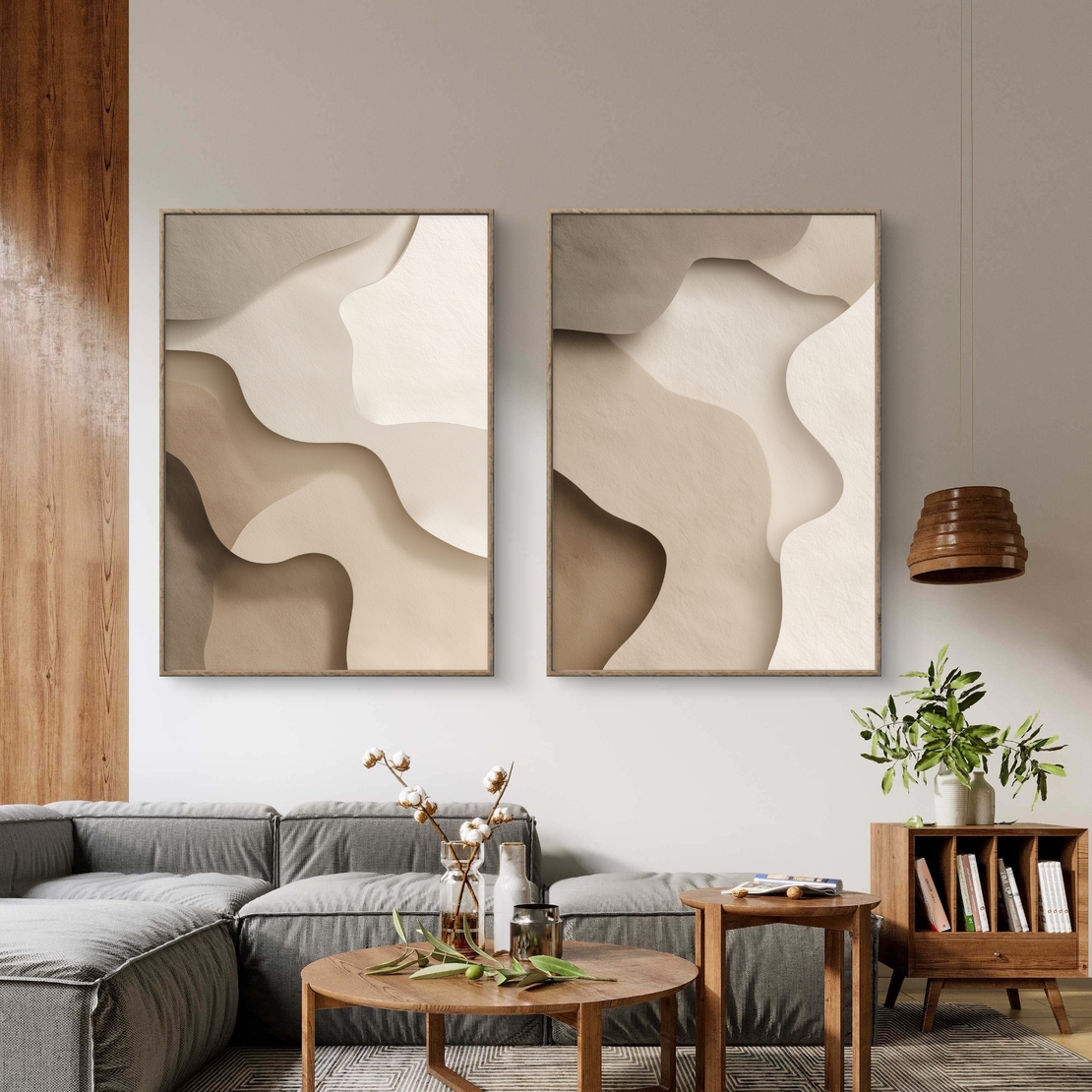זוג תמונות קנבס בגווני בז ושמנת עם צורות אורגניות רכות