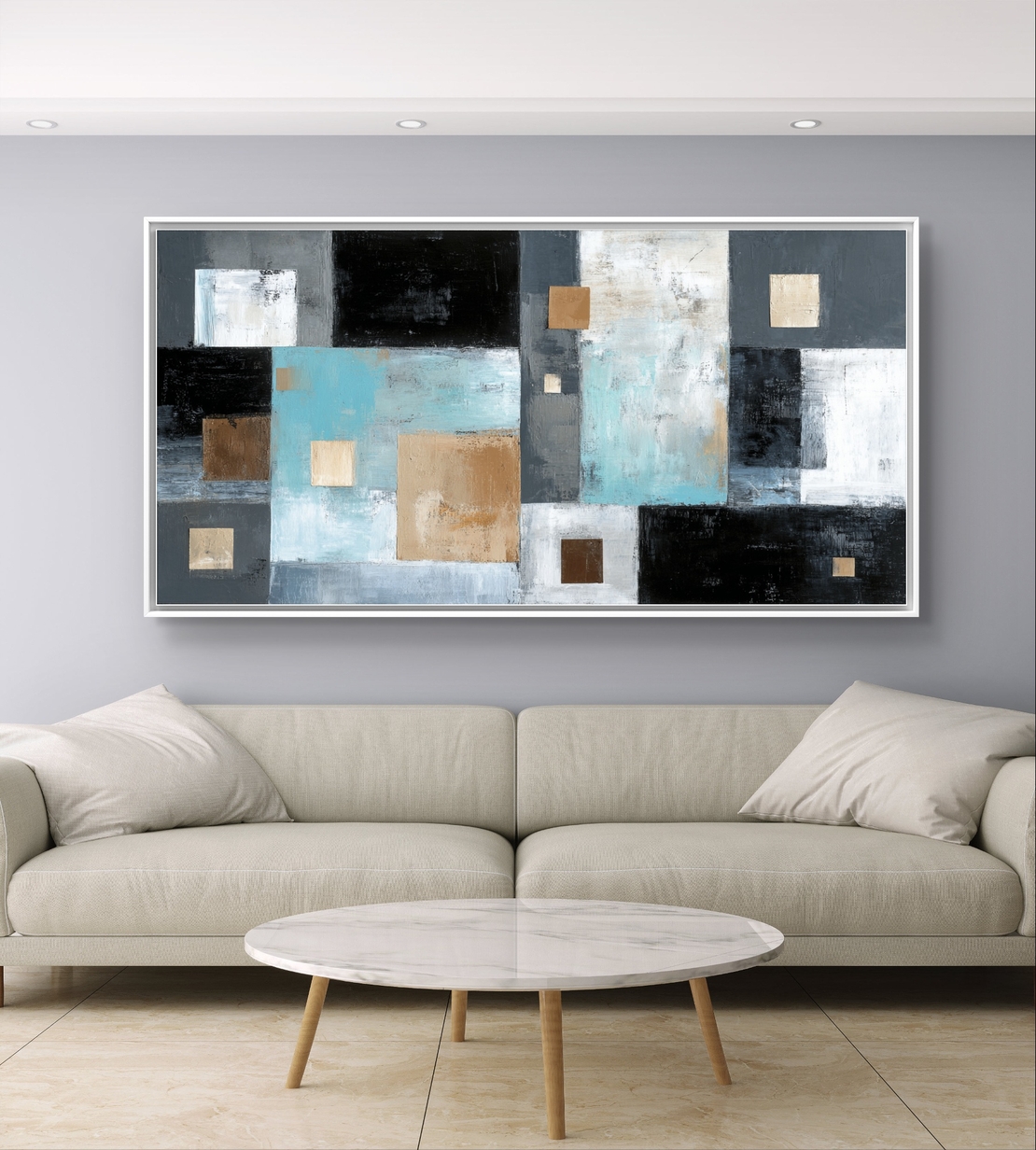 CK7121 — תמונת קנבס אבסטרקטית עם בלוקים גיאומטריים בגווני תכלת, שחור ובז׳