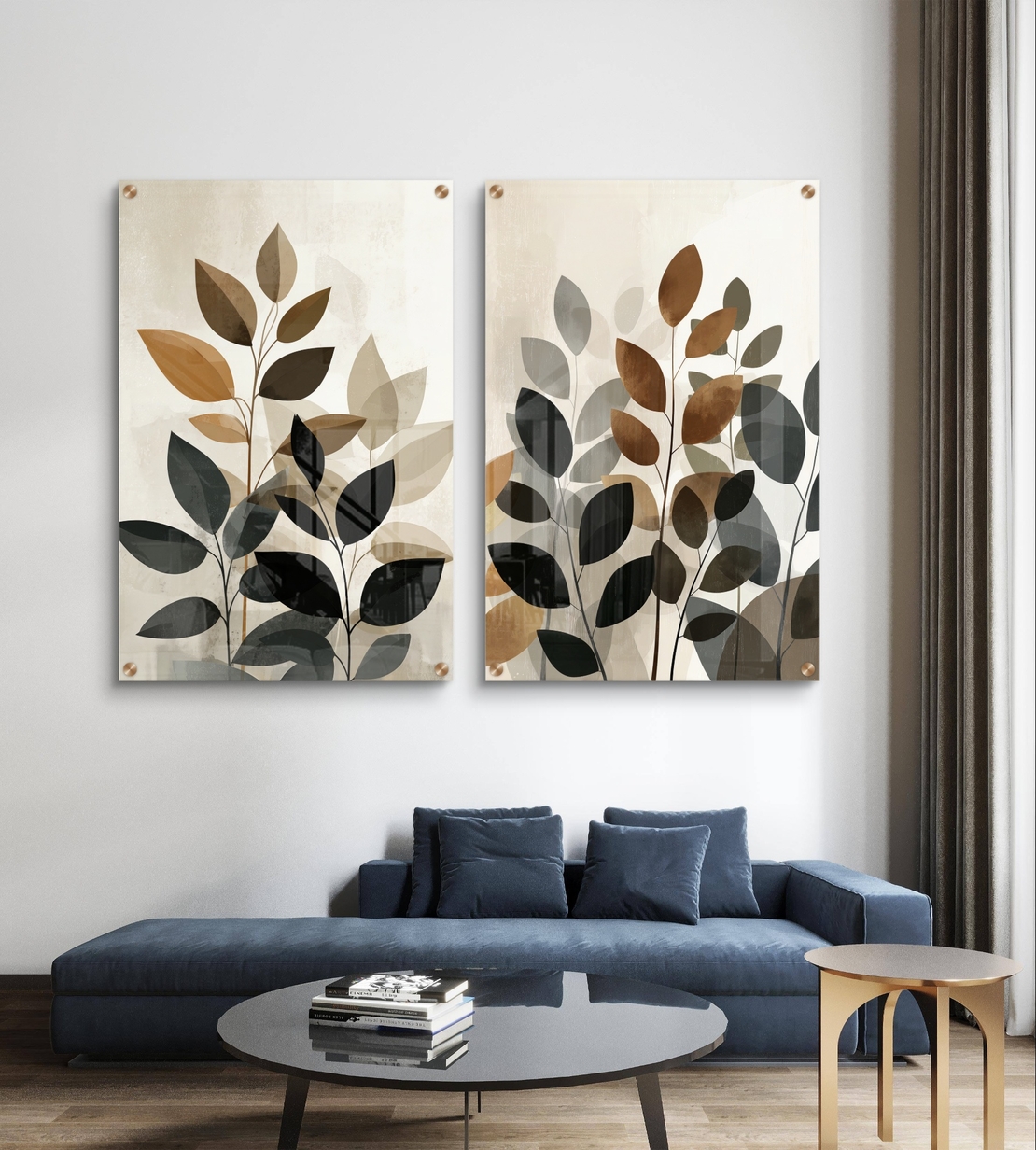 עיצוב קיר מודרני עם סט זכוכית זוג של עלים בגווני חום, אפור ובז’ בהדפסה חלקה.