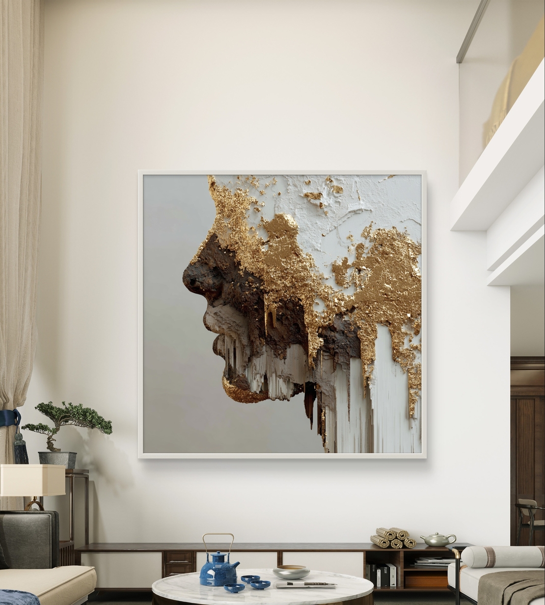 יצירת אמנות מודרנית עם פנים נשיות ונגיעות זהב מטאלי.