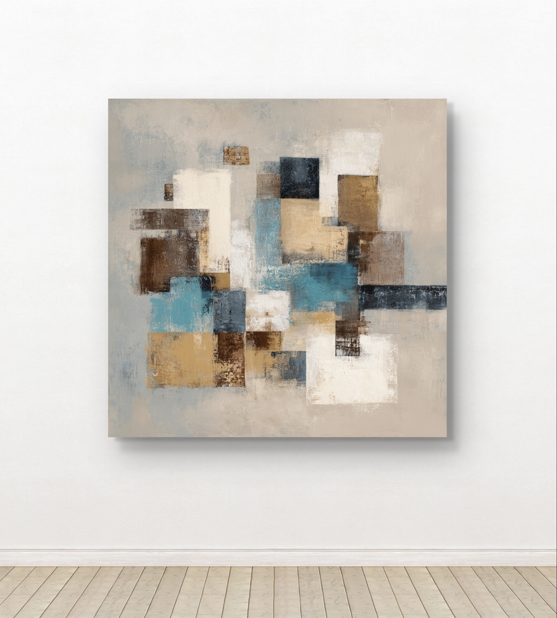 תמונת קיר גיאומטרית אלגנטית בבז׳ וכחול, מתאימה לסלון ולמשרד בעיצוב נקי