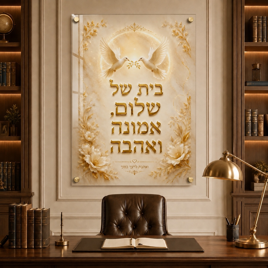 בית של שלום אמונה ואהבה – תמונת זכוכית ברכה עם ספייסרים מוזהבים | RG453