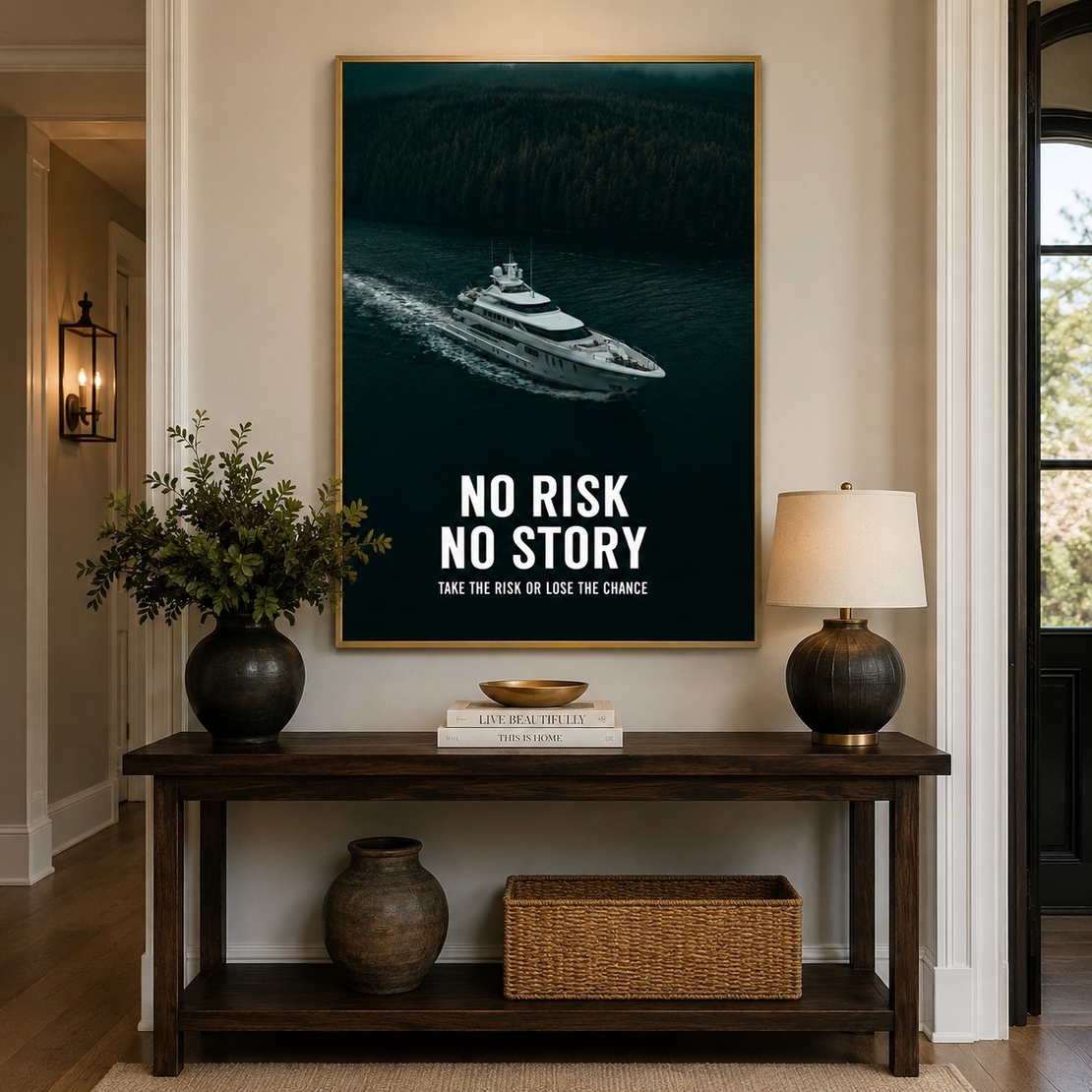 No Risk No Story – תמונת קנבס יאכטה מוטיבציונית למשרד יוקרתי | MT5664
