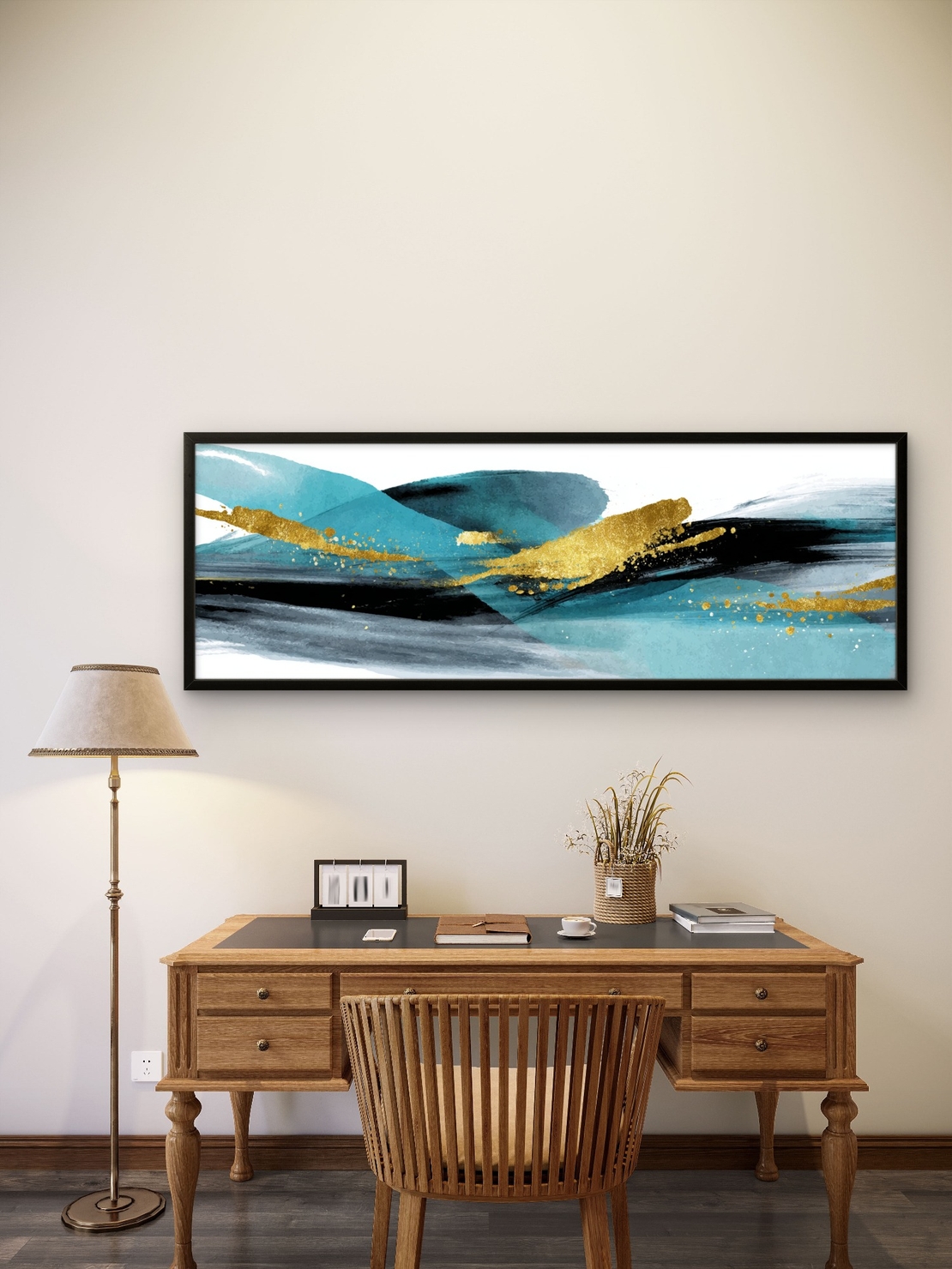תמונת קנבס פנורמית עם גלים מופשטים בגווני טורקיז ושחור ונגיעות זהב – גלי זהב