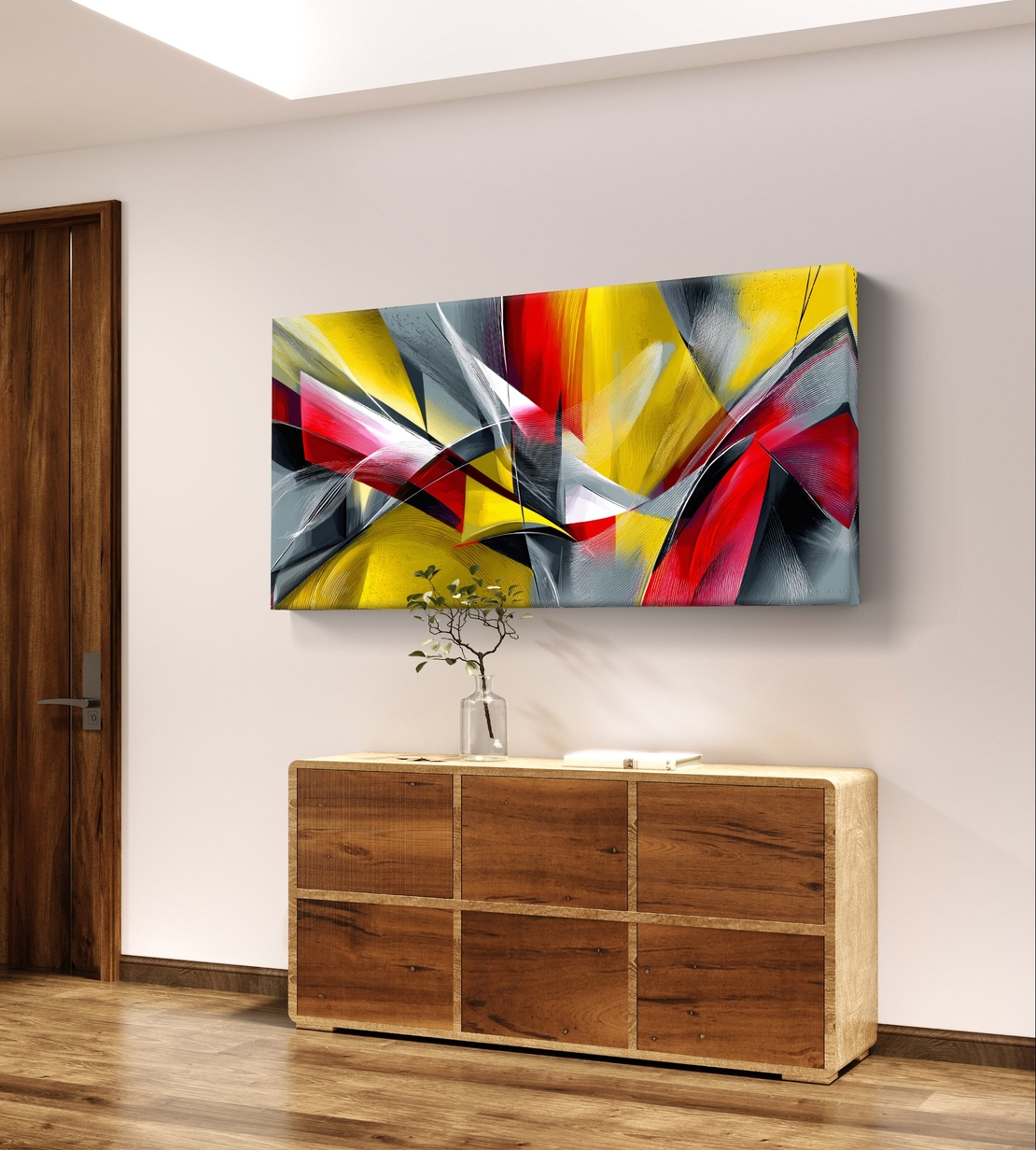 תמונת קנבס אבסטרקטית לרוחב בגווני צהוב, אדום ואפור עם קווים דינמיים ותנועה מודרנית