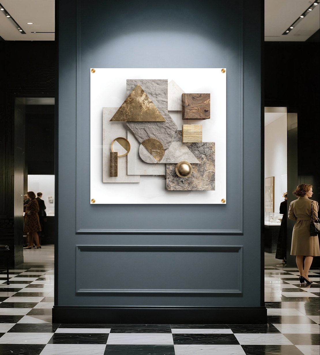 תמונת זכוכית מרובעת עם קומפוזיציה גאומטרית משולבת אבן, עץ ואלמנטים מוזהבים בהדפסה חלקה