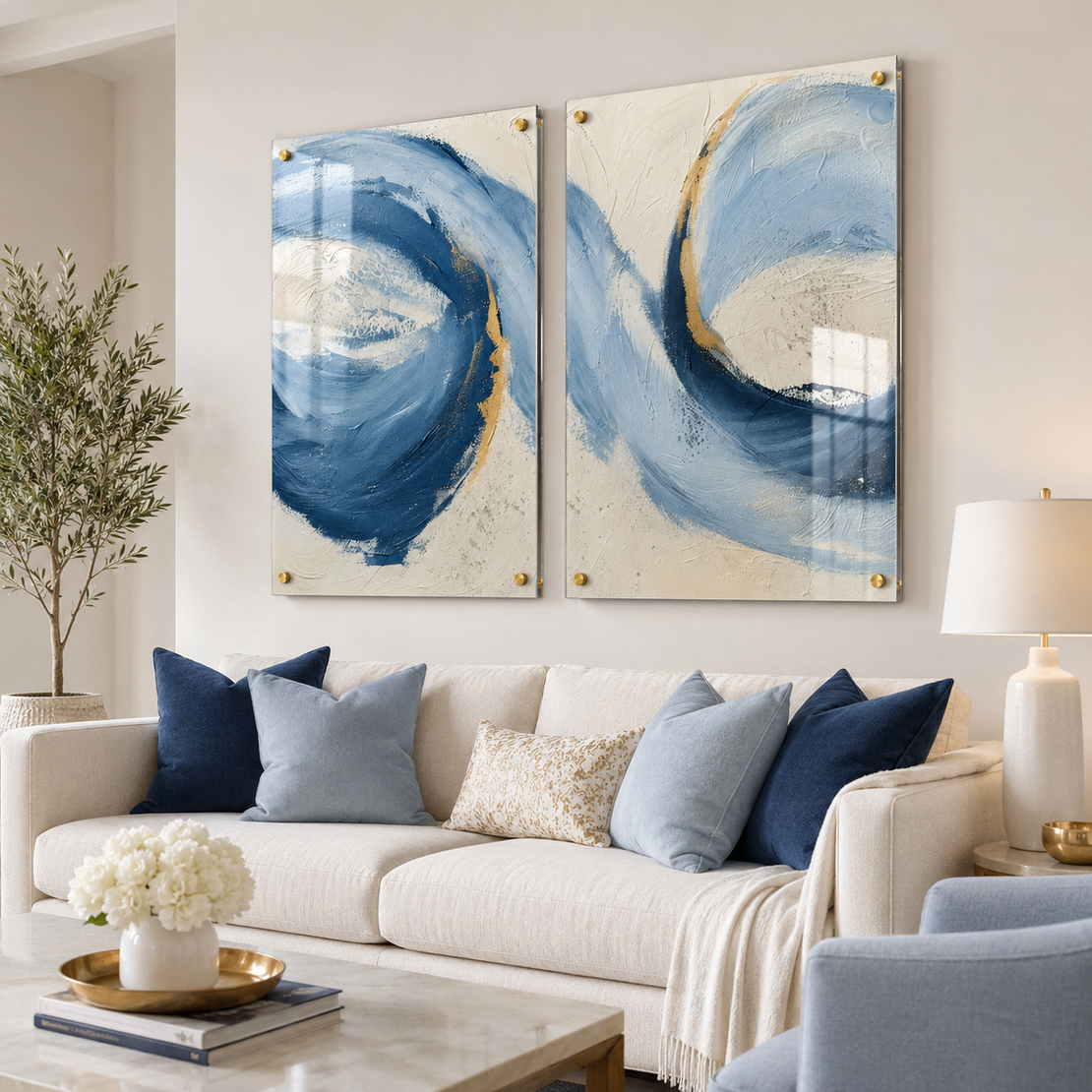 זוג תמונות זכוכית אבסטרקט כחול וזהב במרקם עשיר | דגם SG8214