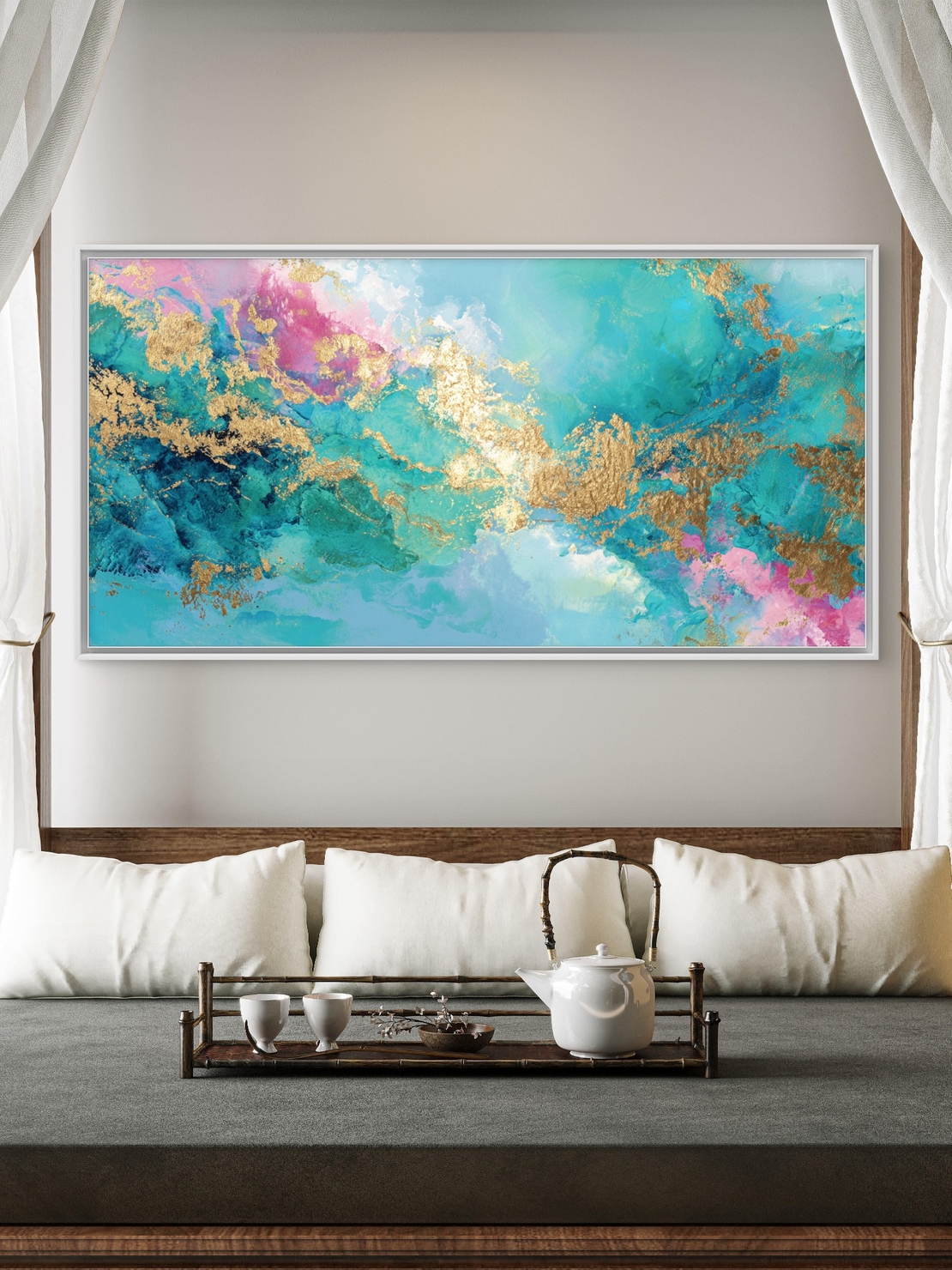 תמונת קנבס רחבה בגווני טורקיז ורוד עם נגיעות זהב – עיצוב מודרני