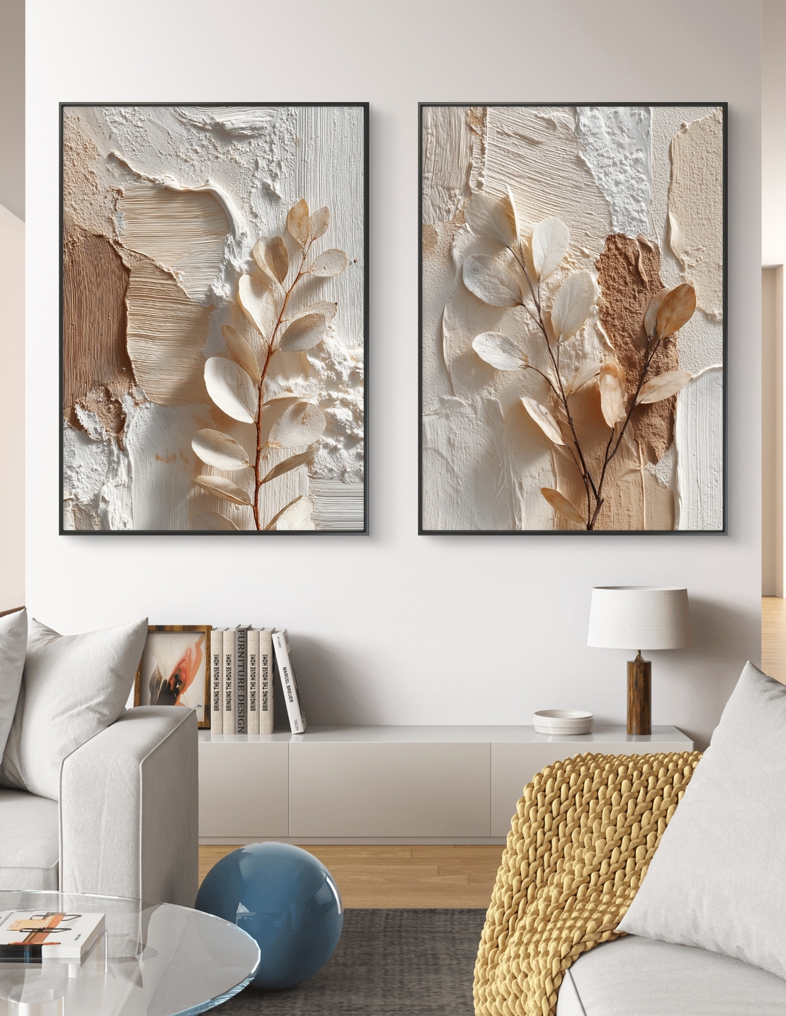 סט קנבס מודרני עם אלמנטים בוטניים בגוונים חמים