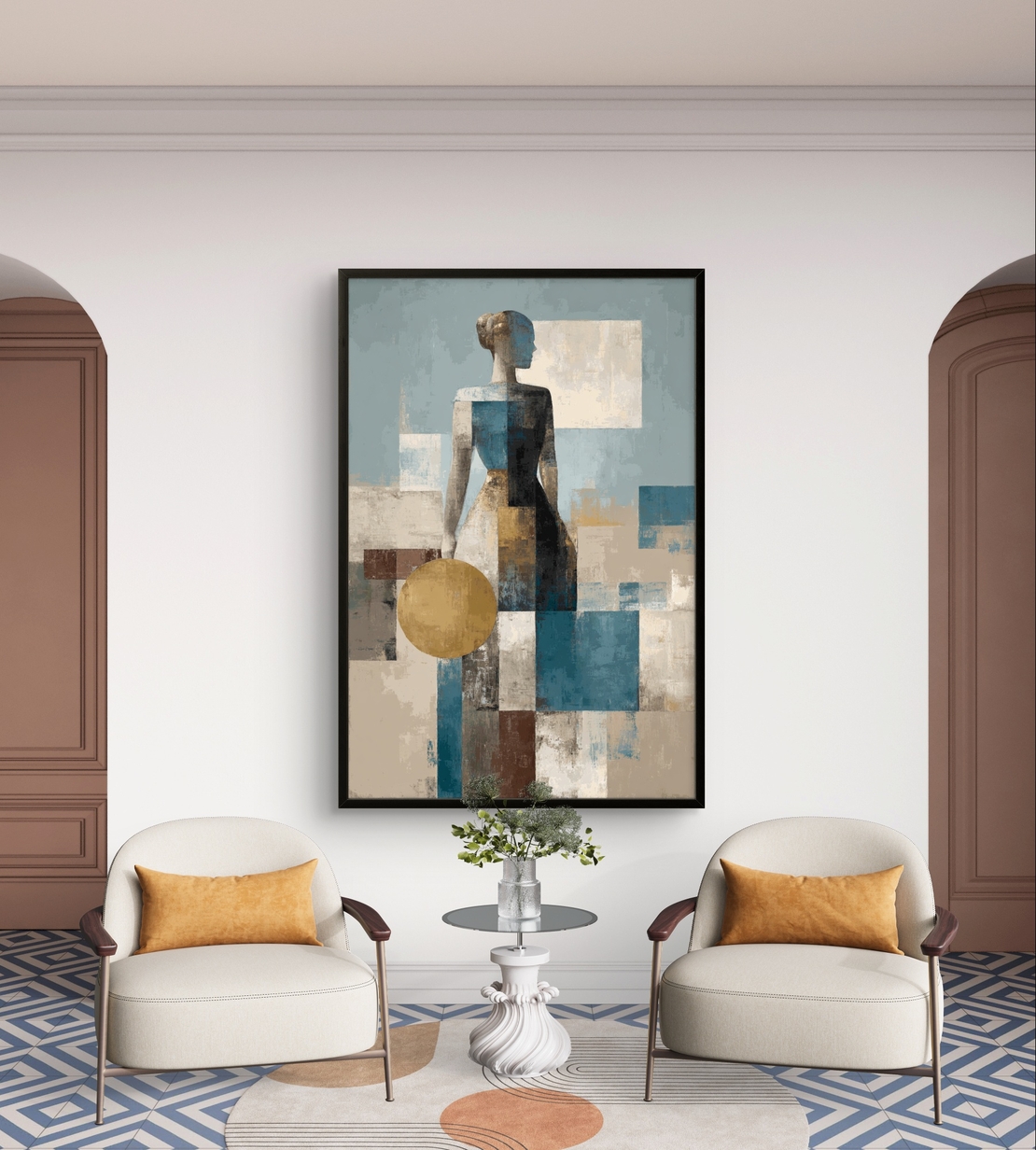 תמונת קנבס עם דמות נשית מופשטת בסגנון גאומטרי, גווני תכלת וחול ועיגול זהוב בעיצוב אלגנטי ומודרני