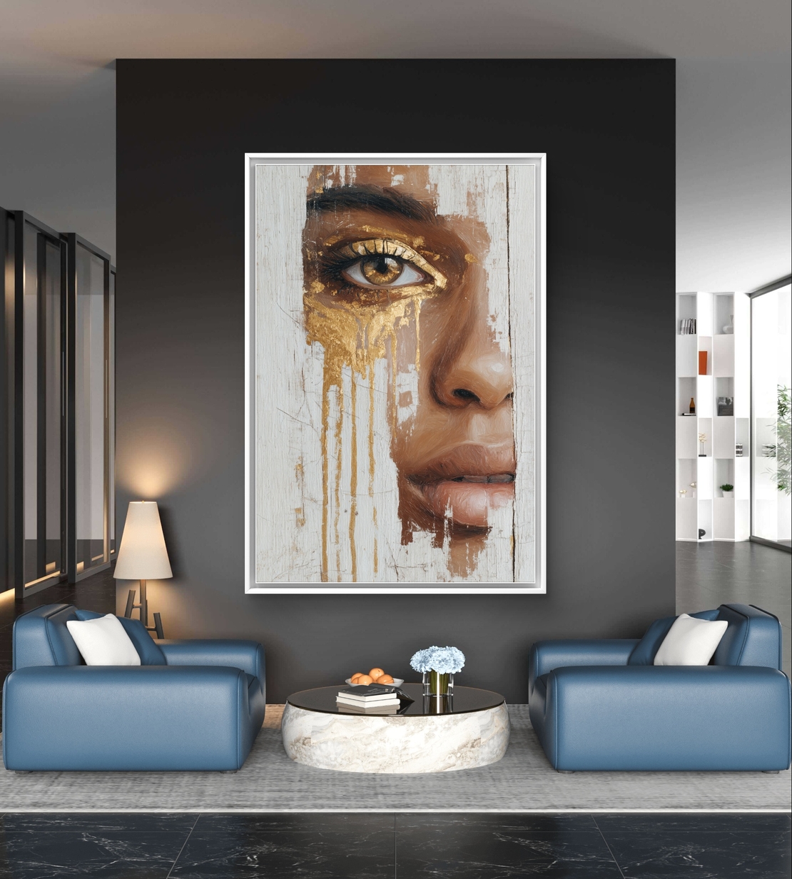 דיוקן נשי אומנותי עם מבט זהוב על קנבס בגווני חום, קרם וזהב בהדפסה חלקה