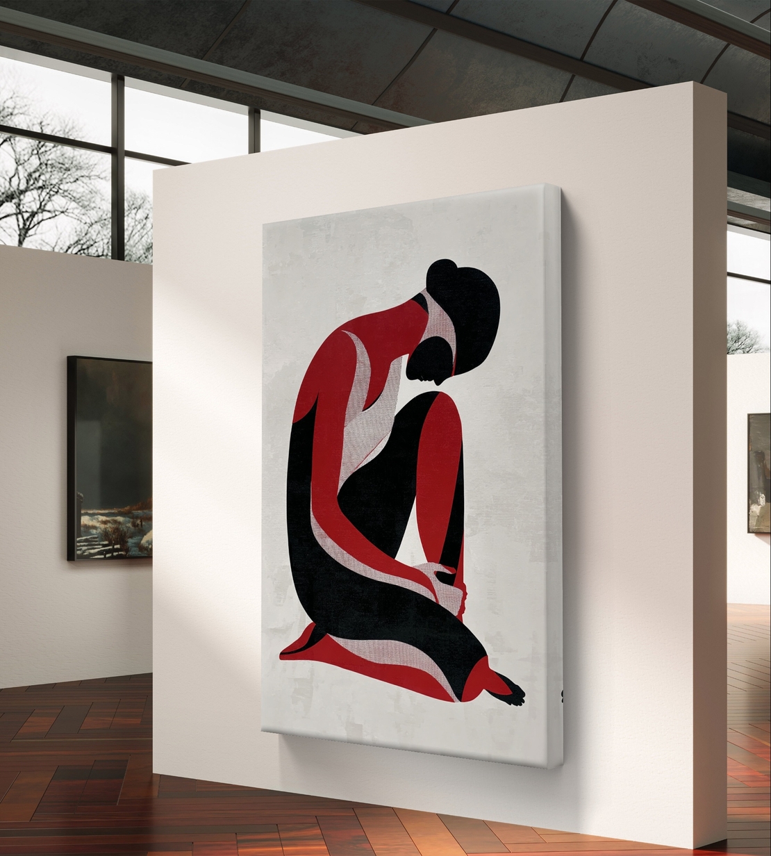 תמונת קנבס עם דמות נשית מינימליסטית בגווני שחור ואדום בעיצוב מודרני