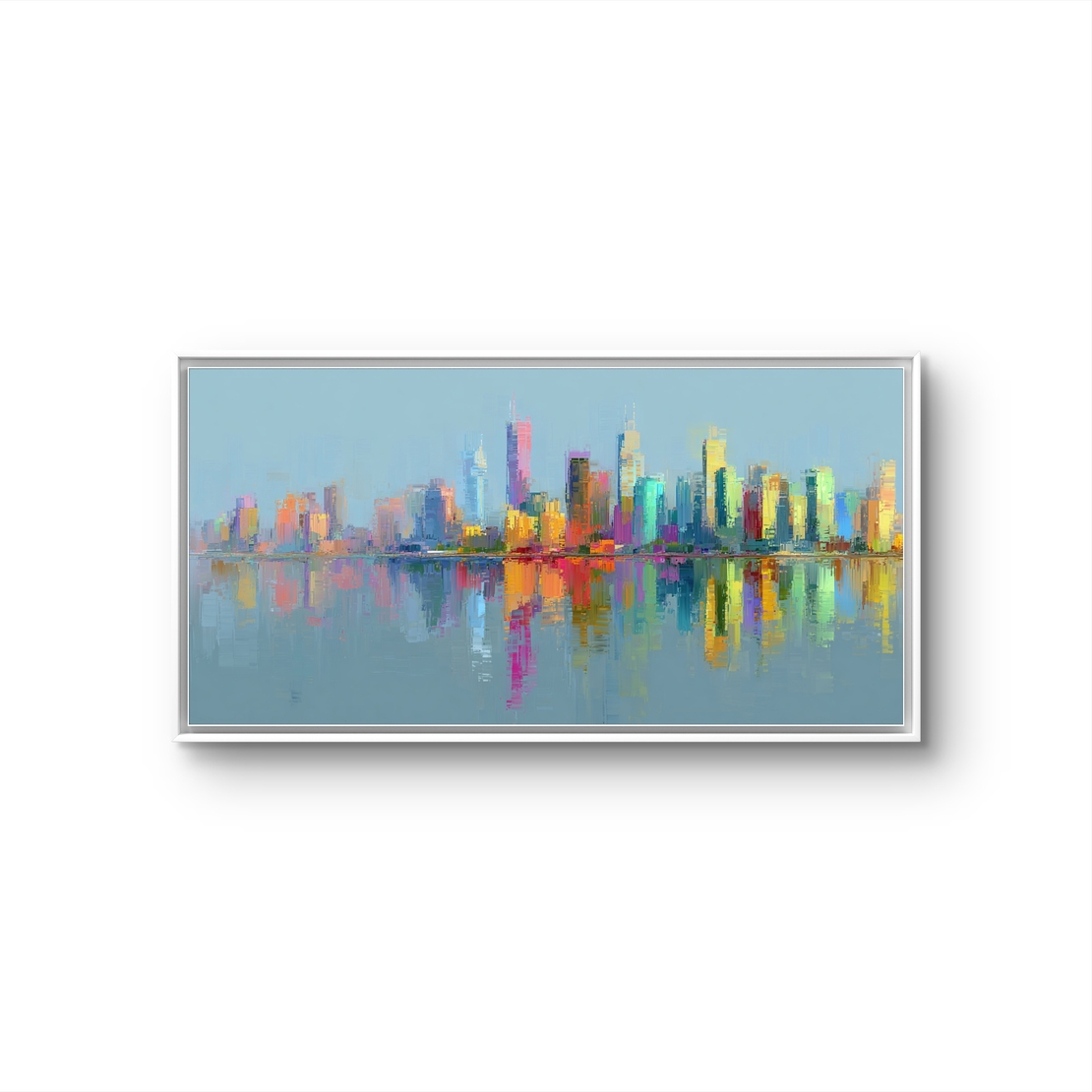 תמונת קנבס פנורמית עם קו רקיע צבעוני והשתקפות במים