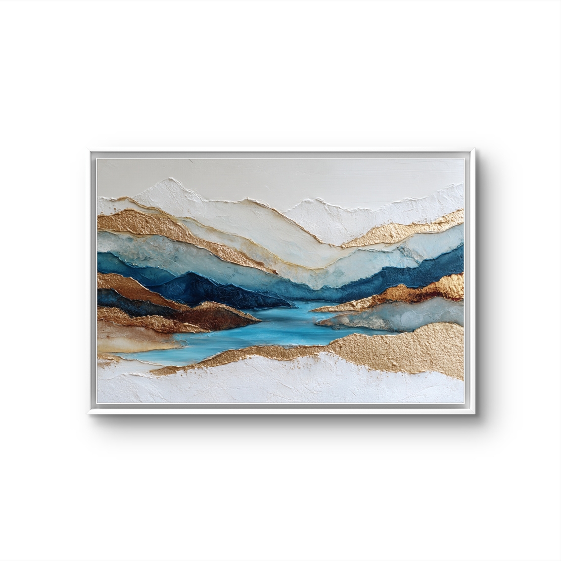 תמונת קנבס אבסטרקטית בגווני כחול ותכלת עם נגיעות זהב בעיצוב יוקרתי