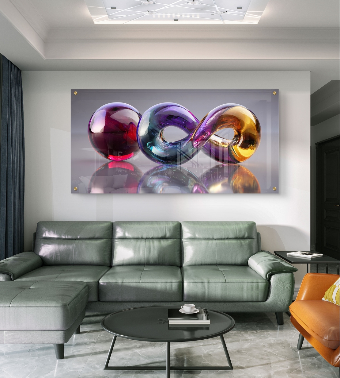 תמונת זכוכית לרוחב עם צורות אבסטרקטיות זורמות בגווני כחול, סגול וזהב בעיצוב מודרני יוקרתי