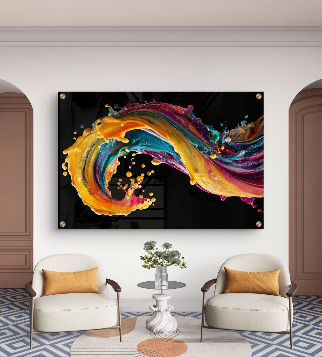 תמונת זכוכית אבסטרקטית עם גל צבעוני דינמי בגווני זהב, טורקיז וורוד בעיצוב מודרני