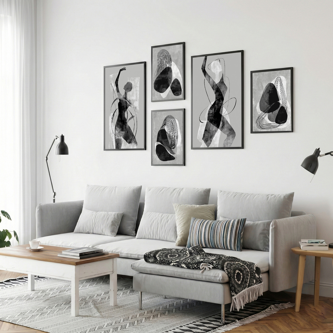 סט תמונות קנבס שחור לבן עם דמויות סילואטיות מודרניות