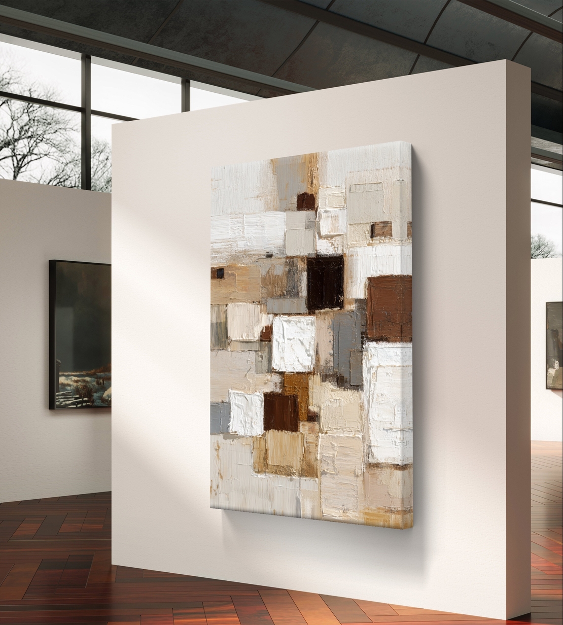 קומפוזיציית בלוקים בגווני שמנת, בז׳ וחום – תמונת קנבס אבסטרקטית | DX5111