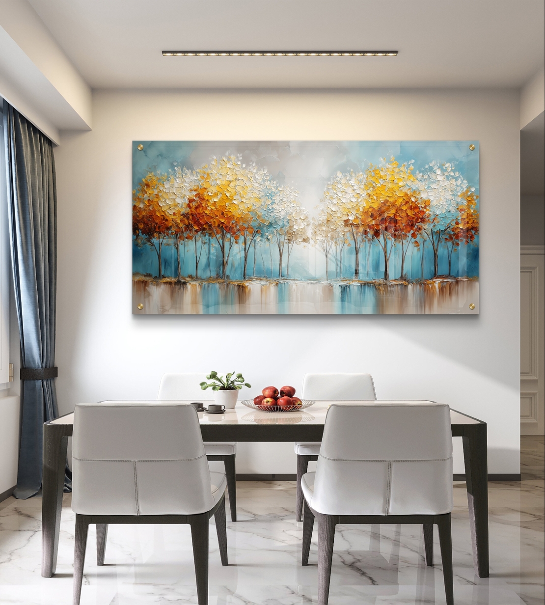 תמונת זכוכית לרוחב עם שדרת עצים בגווני תכלת וזהב המשתקפים במים, בהדפסה חלקה לעיצוב קיר יוקרתי ומרגיע.