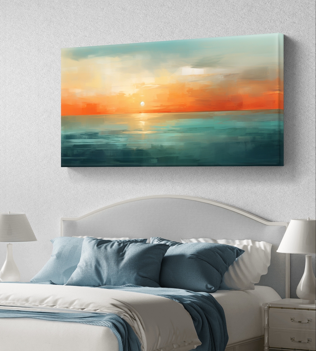 תמונת קנבס לרוחב עם שקיעה אבסטרקטית מעל הים בגווני תכלת, כתום וחול בעיצוב רגוע ואלגנטי