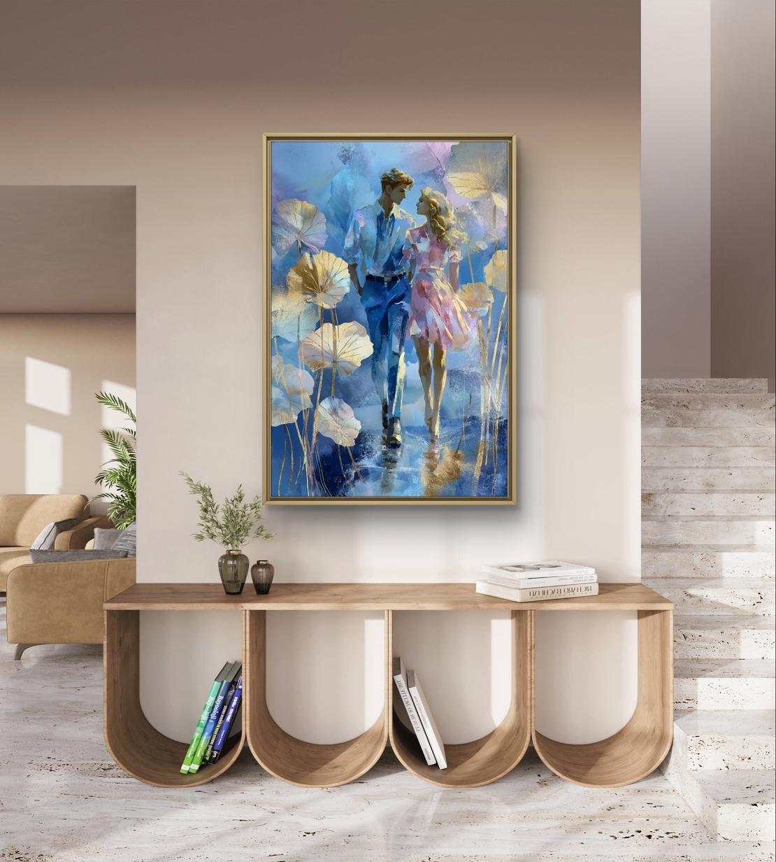 הליכה רומנטית בכחול – תמונת קנבס זוגית בגווני כחול, ורוד וזהב | CY1215