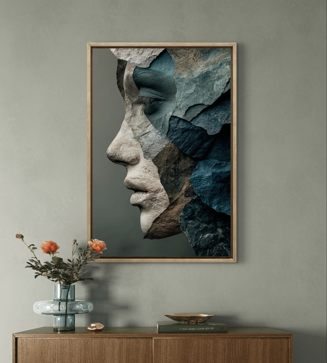 דיוקן סלעים בכחול ואפור – תמונת קנבס אמנותית דרמטית | DX5112