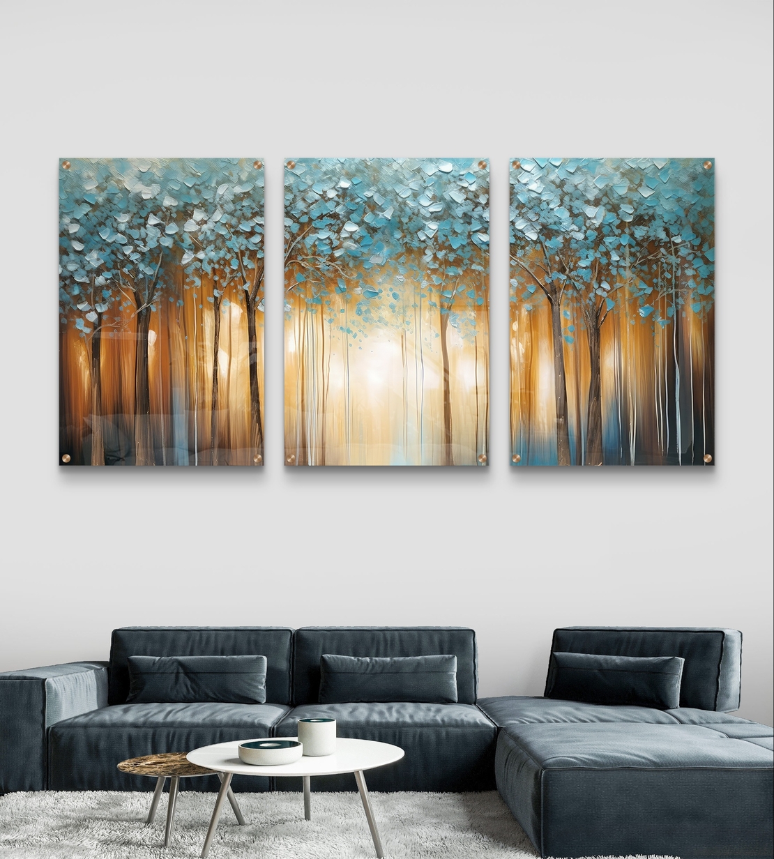שלשת תמונות זכוכית יער אור בכחול וזהב – דגם GG5474
