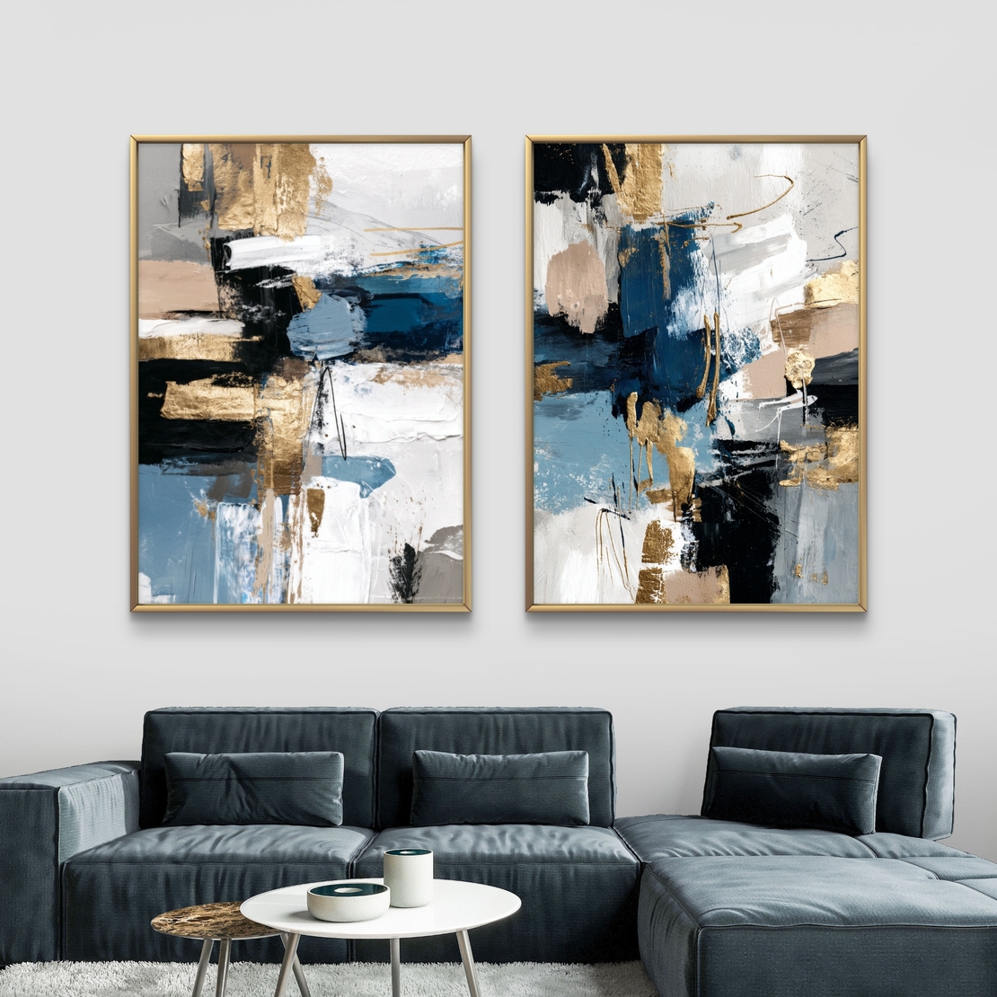 תמונת קנבס זוגית אבסטרקטית בגווני כחול, שחור ולבן עם נגיעות זהב בעיצוב מודרני