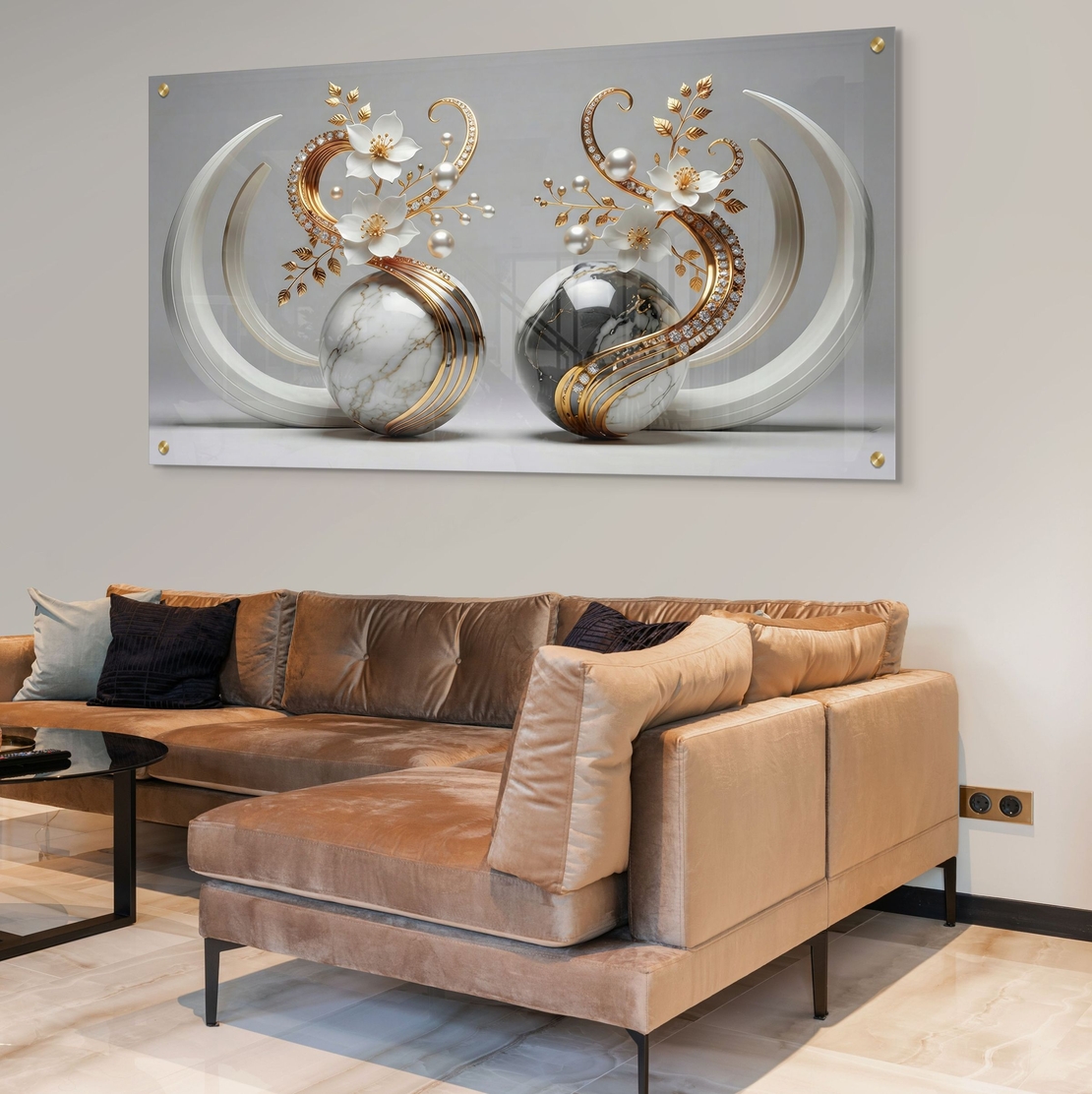 תמונת זכוכית יוקרתית עם כדורי שיש לבנים, פרחים לבנים וקשתות זהב