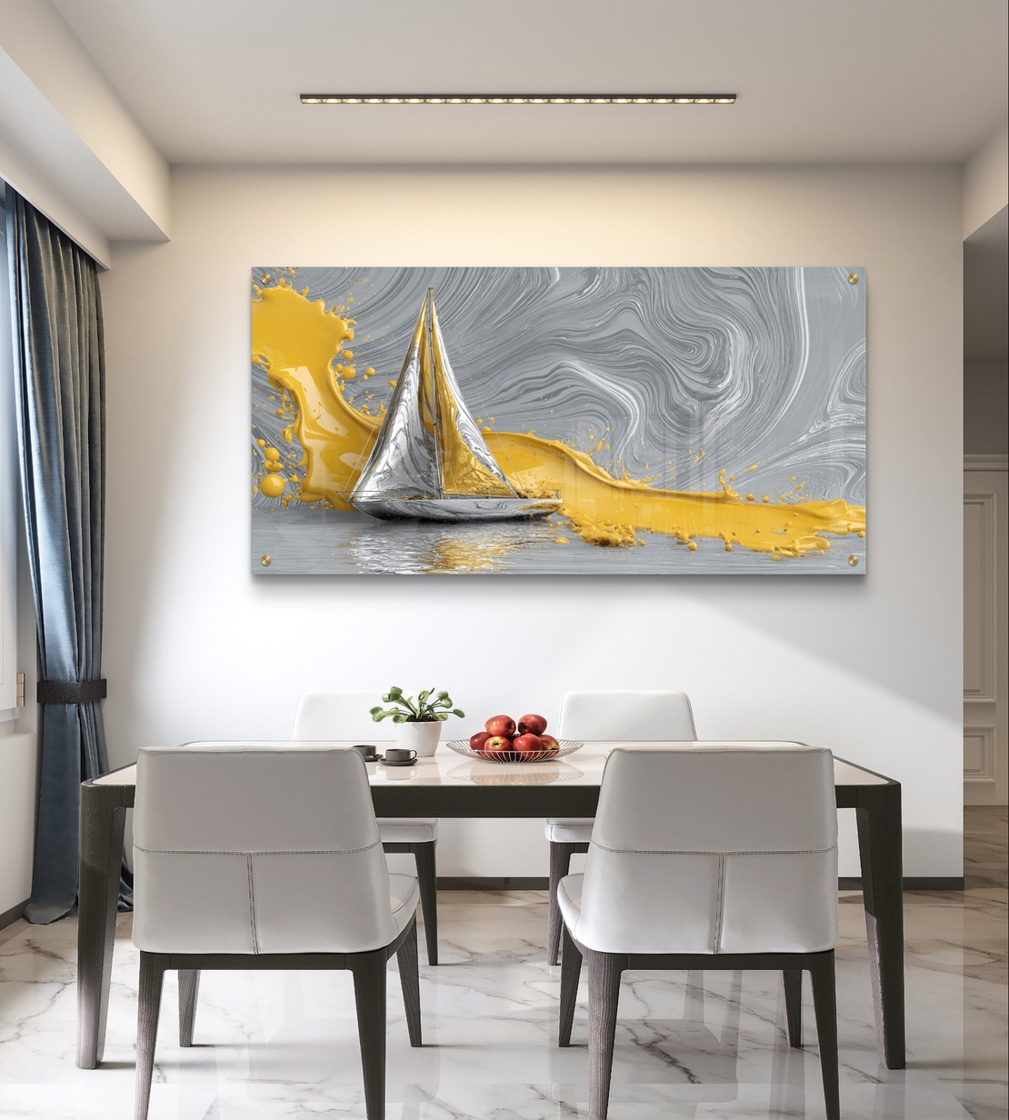 תמונת זכוכית מודרנית עם סירת מפרש כסופה וזרימות צבע זהב על רקע אפור, בעיצוב יוקרתי ובהדפסה חלקה ומבריקה.
