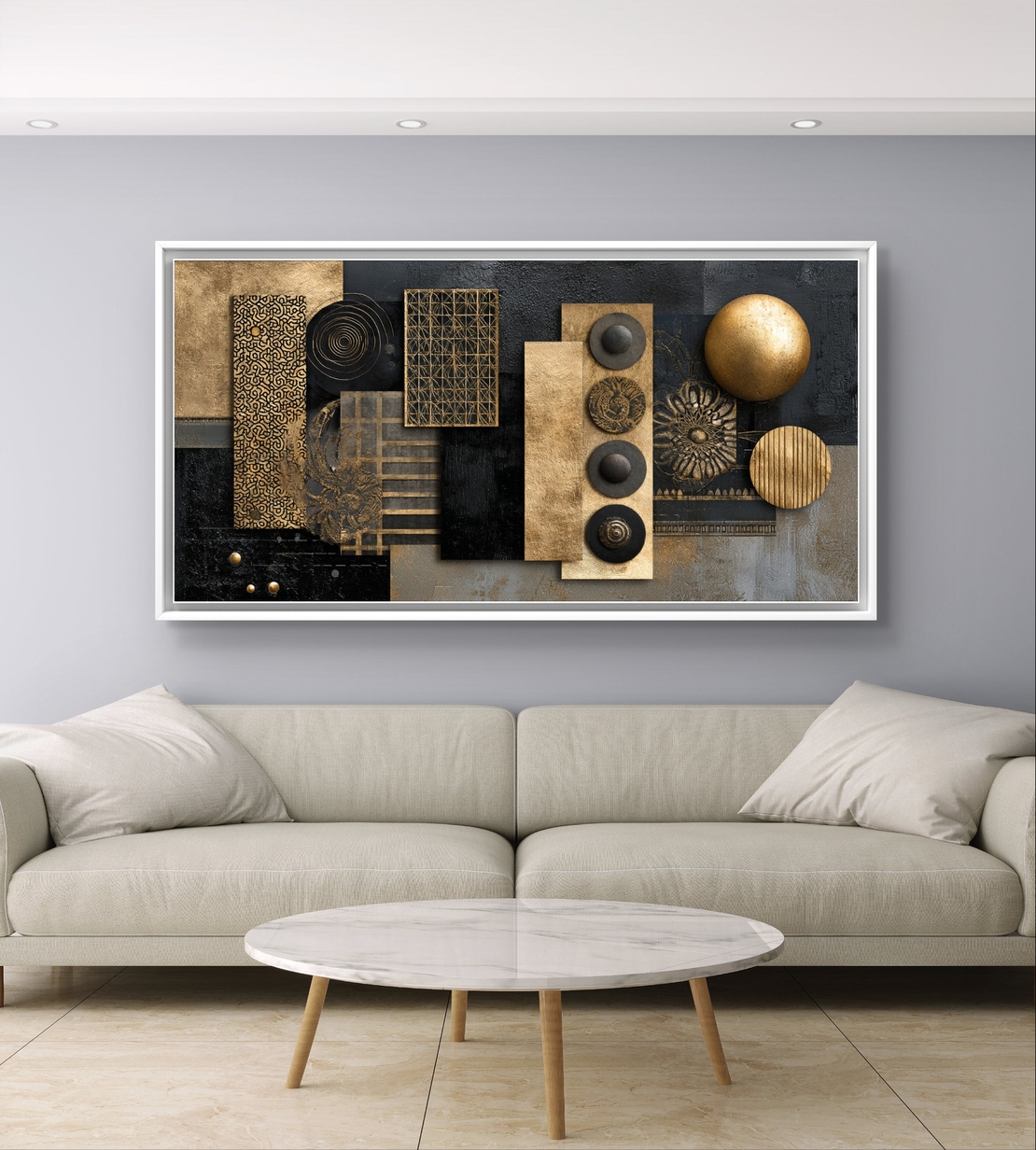 תמונת קנבס אבסטרקטית לרוחב בגווני שחור וזהב עם צורות גאומטריות וטקסטורות יוקרתיות
