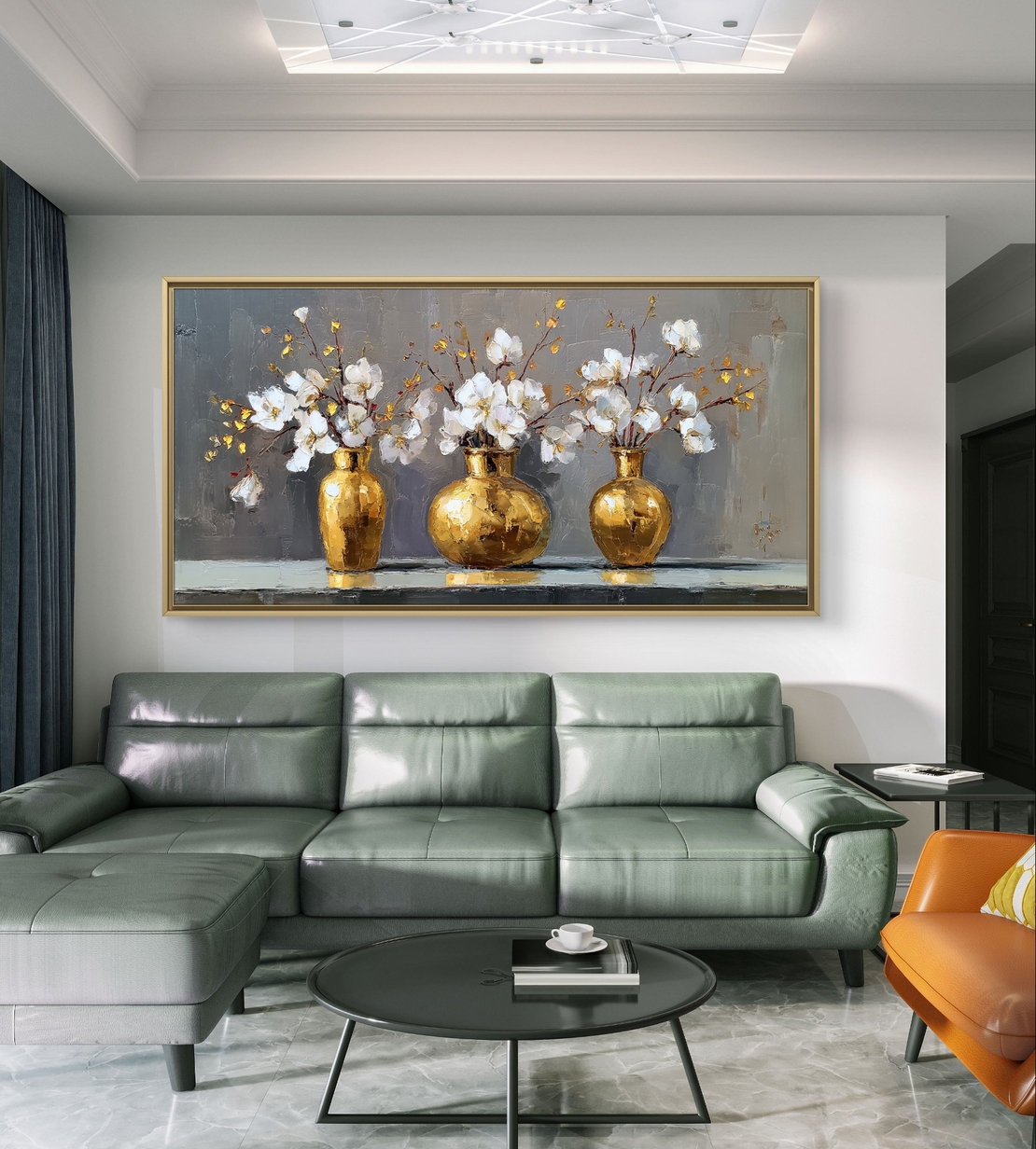 תמונת קנבס לסלון – אגרטלי זהב עם פרחים לבנים | דגם TS5943