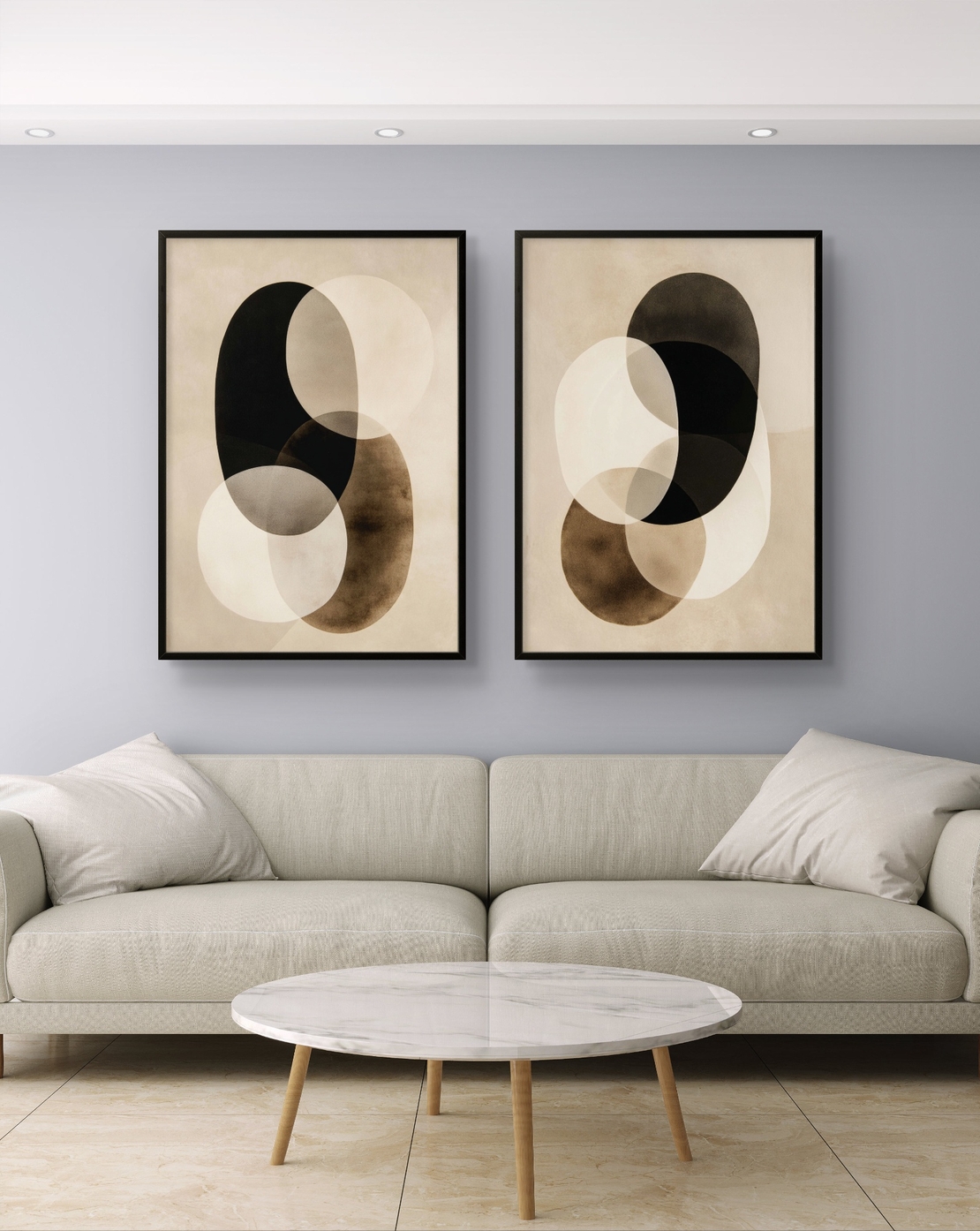 זוג תמונות קנבס אבסטרקטיות בגווני שמנת, שחור וקפה – דגם DA2221