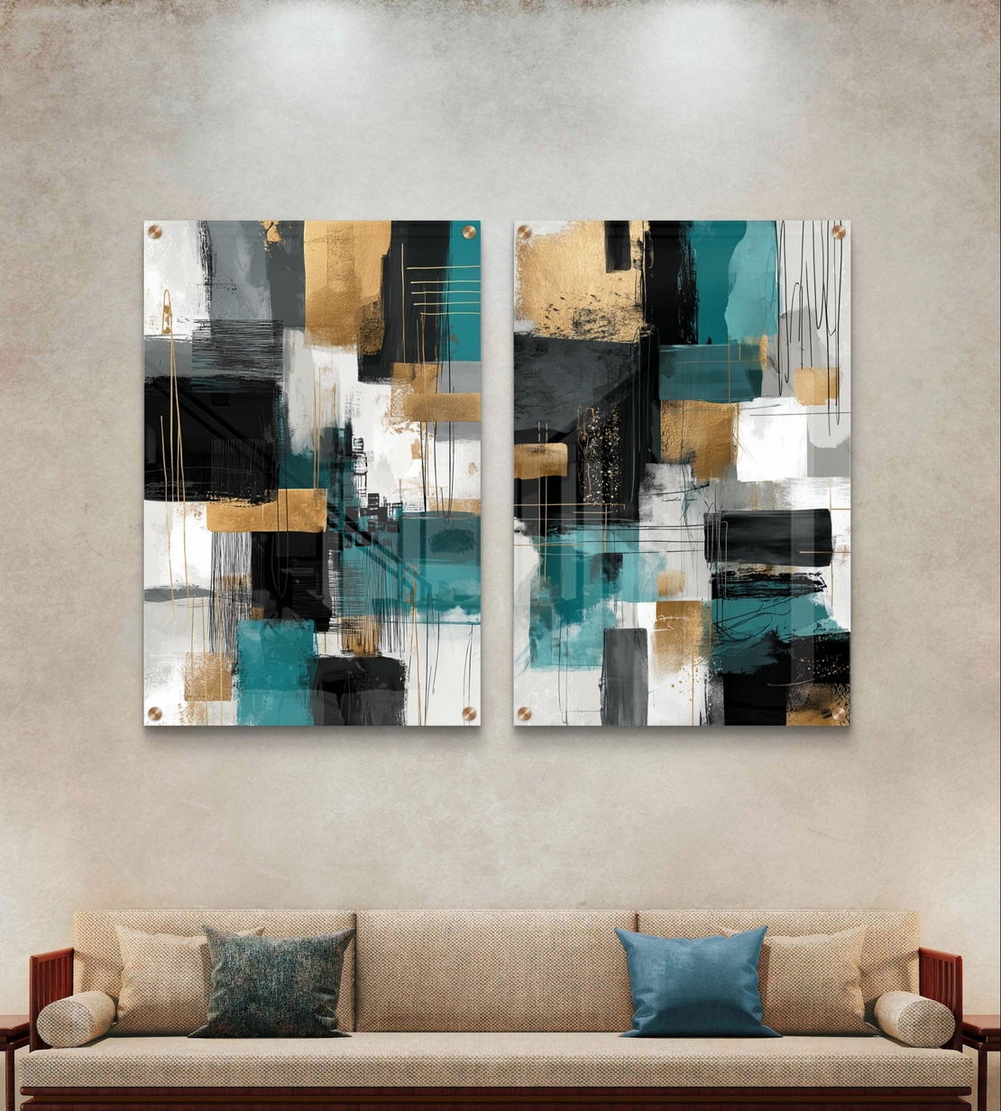 תמונת זכוכית זוגית אבסטרקטית בגווני טורקיז שחור וזהב בהדפסה חלקה מודרנית