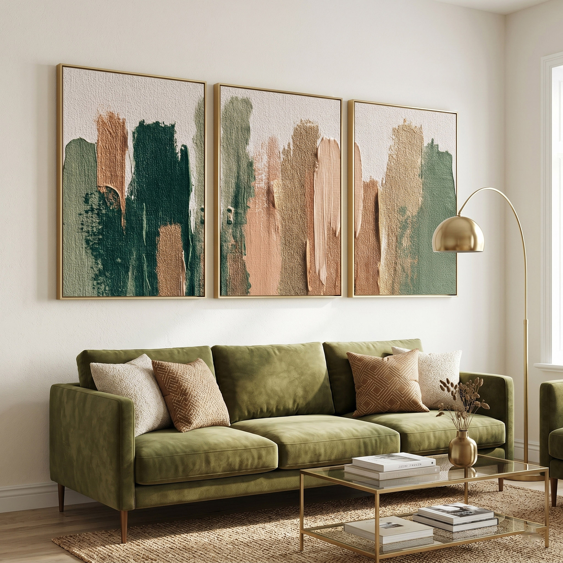 שלשת תמונות קנבס אבסטרקטיות בגווני ירוק זית, בז׳ וזהב – דגם TA1363