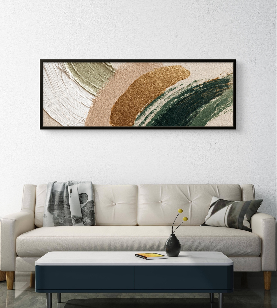 קשתות חול וזית – תמונת קנבס פנורמית אבסטרקטית בטקסטורת מכחול בגווני ירוק, בז׳ וזהב | CT4674