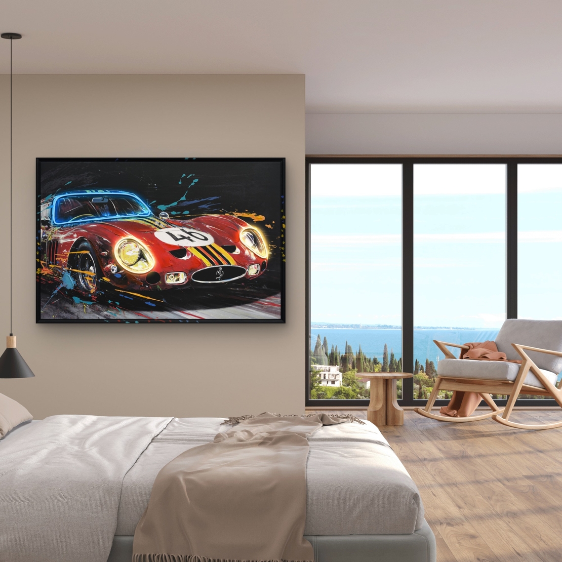 תמונת LED רכב ספורט אדום – הדפס משודרג עם מריחות צבע, מופעלת על סוללות עם שלט רחוק מידה 83*123